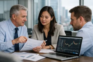 Forex market strategy session with analysts reviewing a chart.