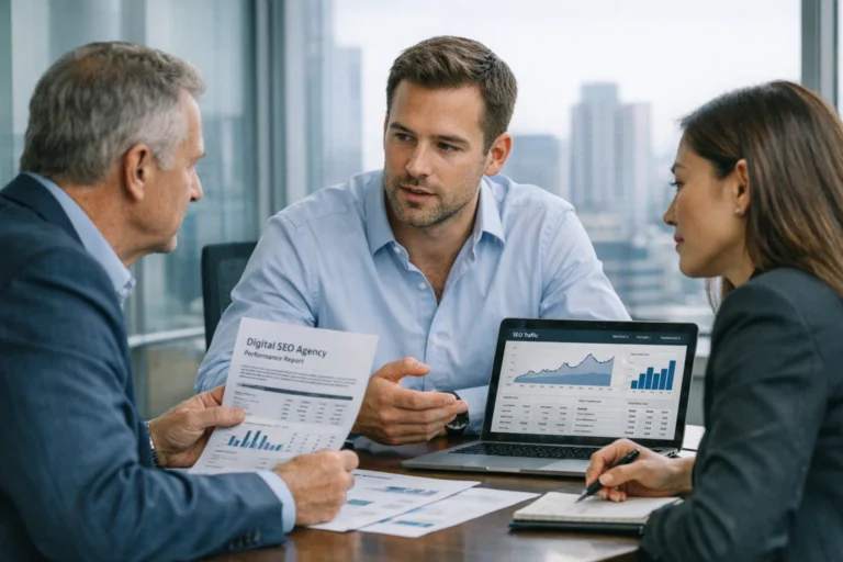 Technical SEO consulting review with experts discussing reports and performance data.